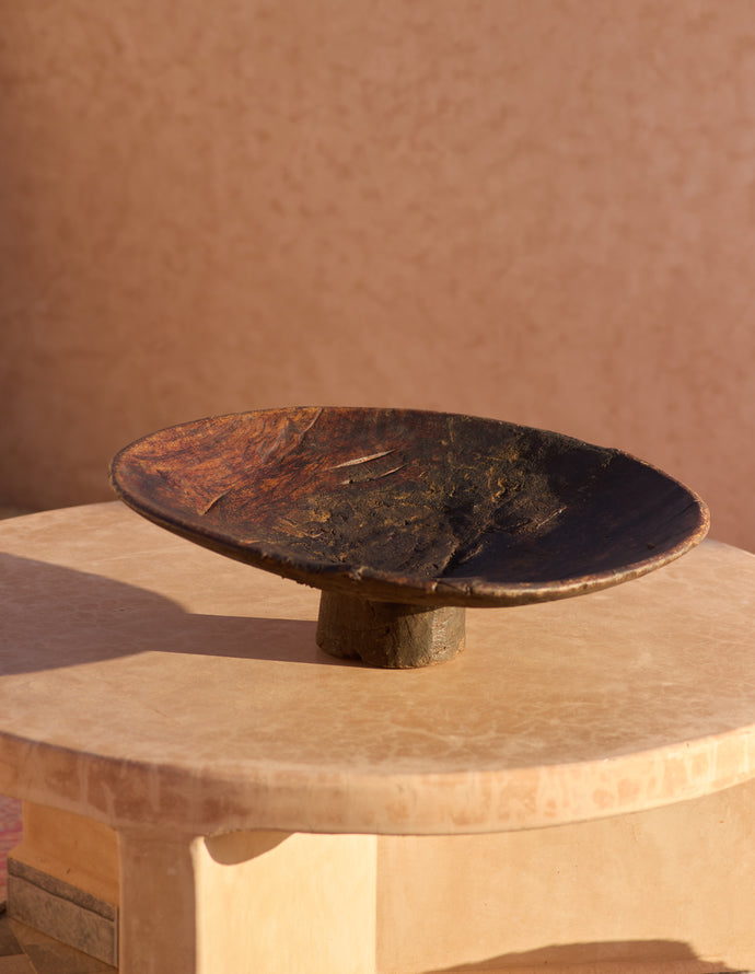 Moroccan walnut couscous bowl, early 20th century — full view with worn patina.