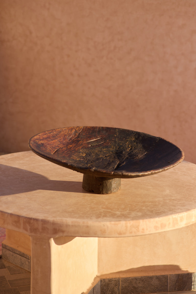 Moroccan walnut couscous bowl, early 20th century — full view with worn patina.