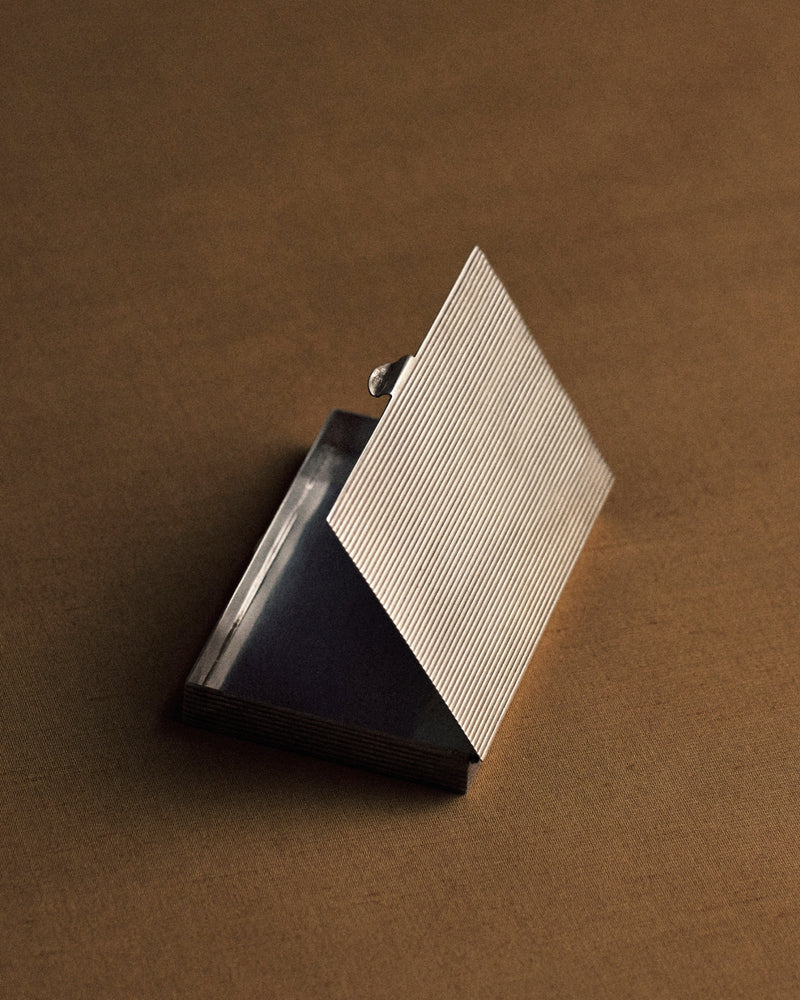 Ribbed sterling silver box (925), c.1930s — open view and hinge detail.