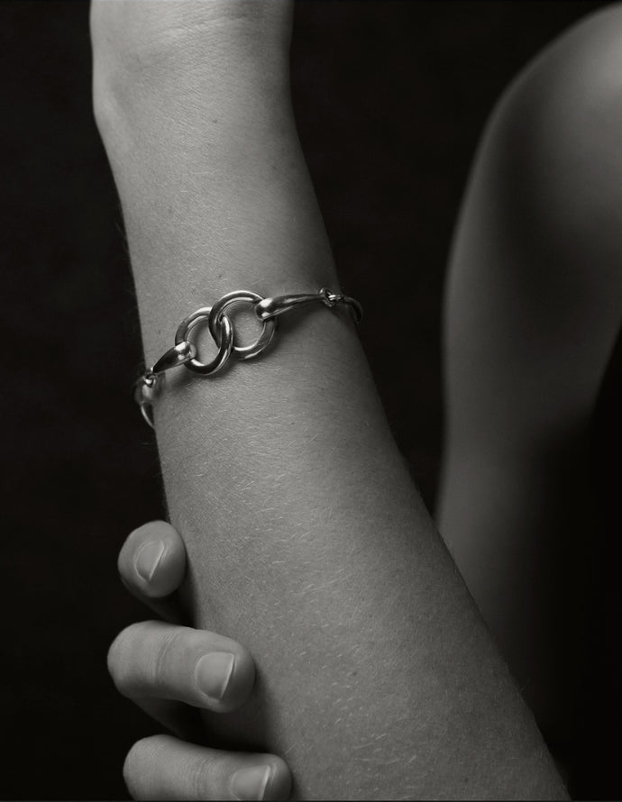 Vintage Moroccan silver link bracelet, mid-20th century — worn on wrist.
