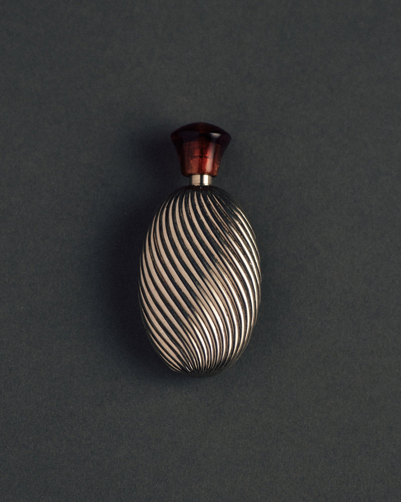 intage sterling silver perfume bottle, c.1930s — ribbed Art Deco form, full view.