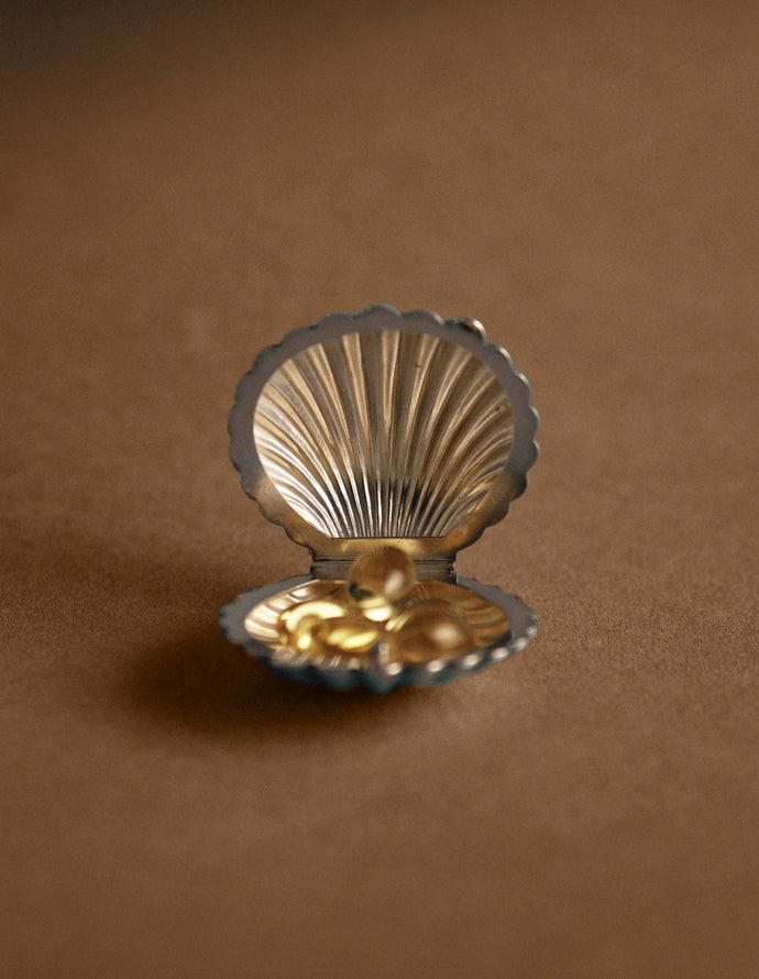 Sterling silver pill box (925), Umbria, Italy — shell form, open view.