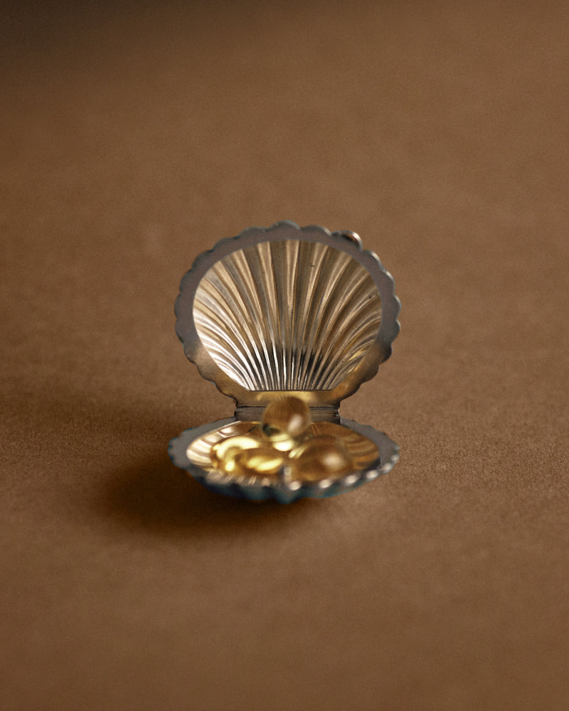 Sterling silver pill box (925), Umbria, Italy — shell form, open view.